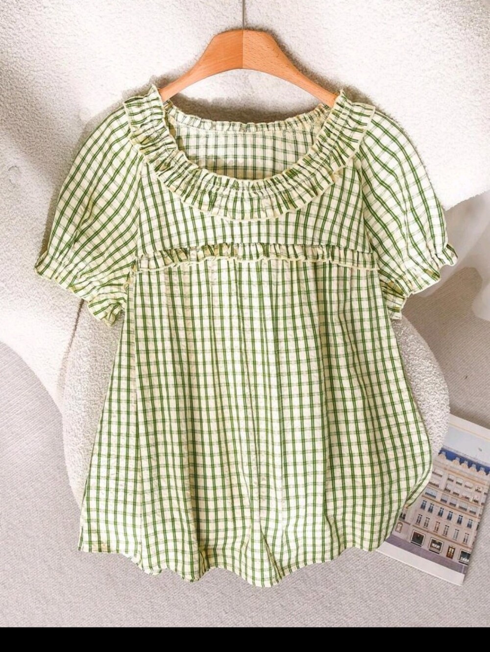 SALE ** BRAND NEW ** Light Green Gingham Ruffle Babydoll Top
